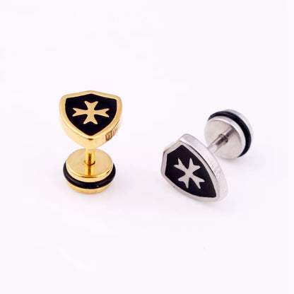 1 PAIR MEN EARRING CRUSADER KNIGHTS TEMPLAR SHIELD ST. GEORGE'S CROSS STAINLESS STEEL STUD EARINGS