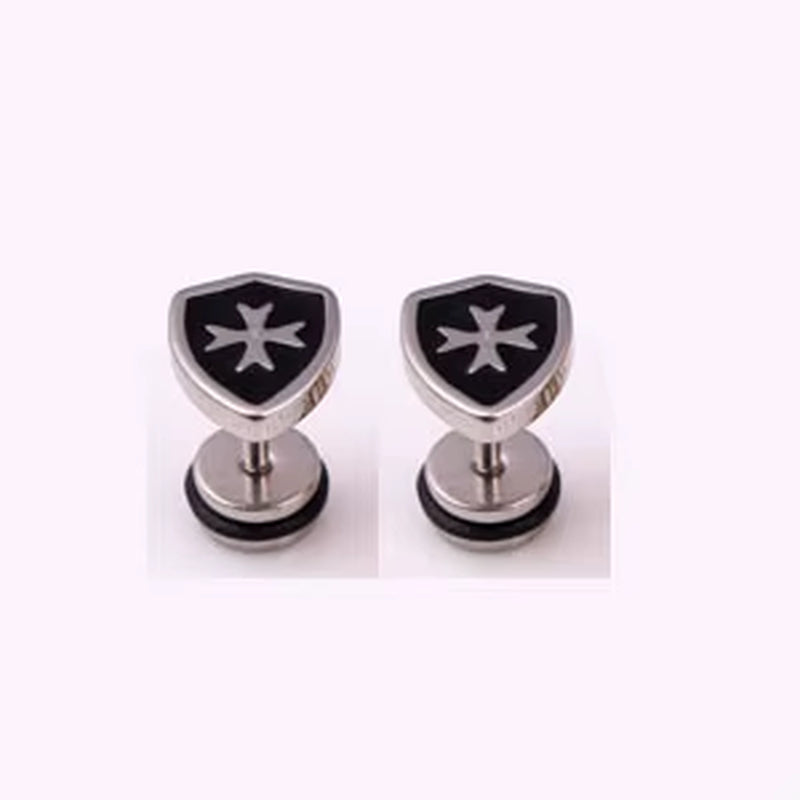 1 PAIR MEN EARRING CRUSADER KNIGHTS TEMPLAR SHIELD ST. GEORGE'S CROSS STAINLESS STEEL STUD EARINGS