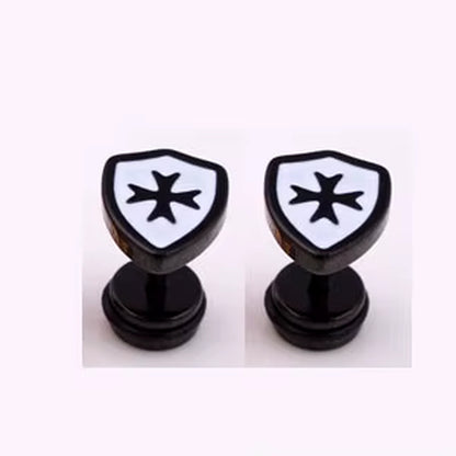 1 PAIR MEN EARRING CRUSADER KNIGHTS TEMPLAR SHIELD ST. GEORGE'S CROSS STAINLESS STEEL STUD EARINGS